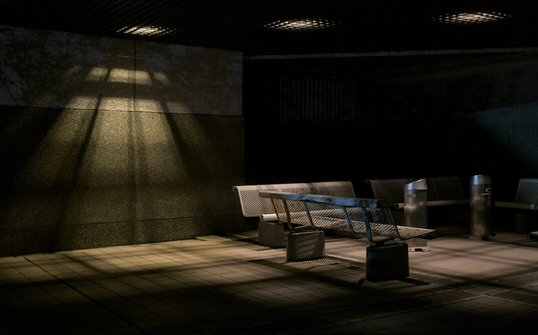 Empty television studio set with bright stage lighting