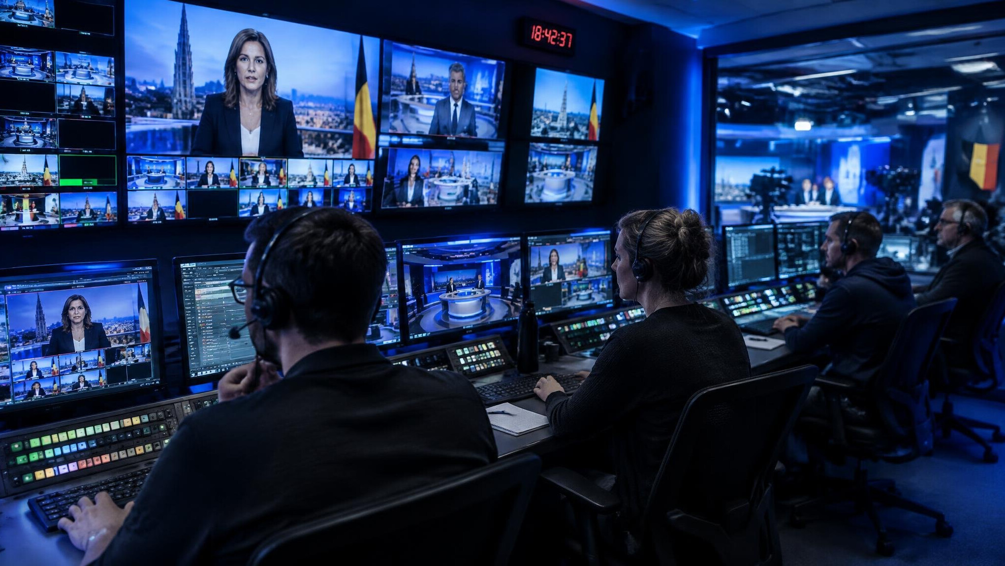 TV control room with monitors during a live broadcast